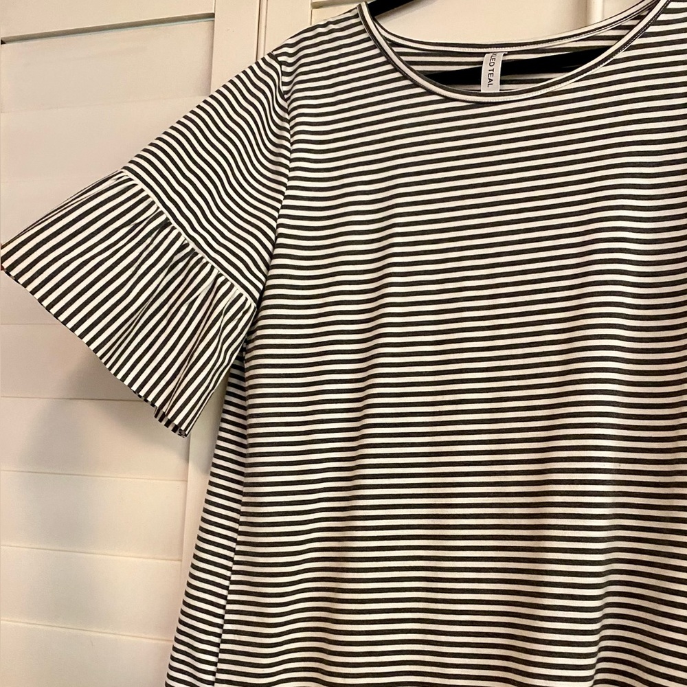 Tickled Teal Grey & White Striped Shortsleeved Shirt with 3/4 Bell Sleeves